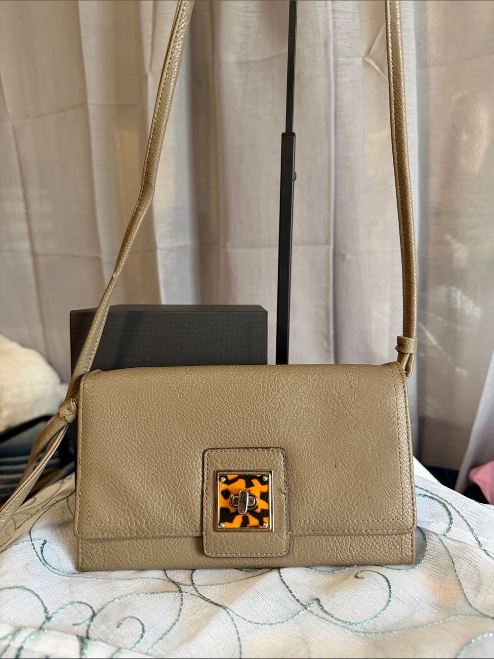 Liz Claiborne Turnlock Taupe Crossbody Bag with Tortoiseshell Accent
